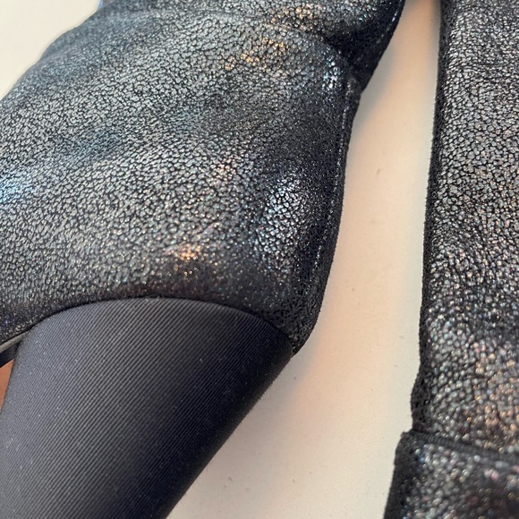 CHANEL Tall Black Metallic Pebbled Boots CC Cap Toe 37.5 - Picture 3 of 12